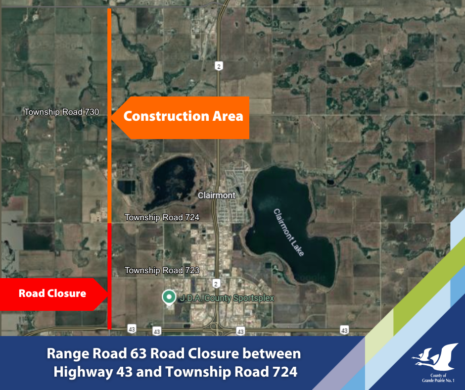 Satellite map with outlined construction area in orange and closure area in red