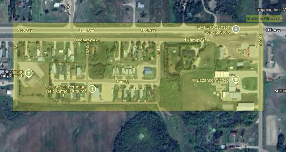 Satellite map showing the work area highlighted in yellow.